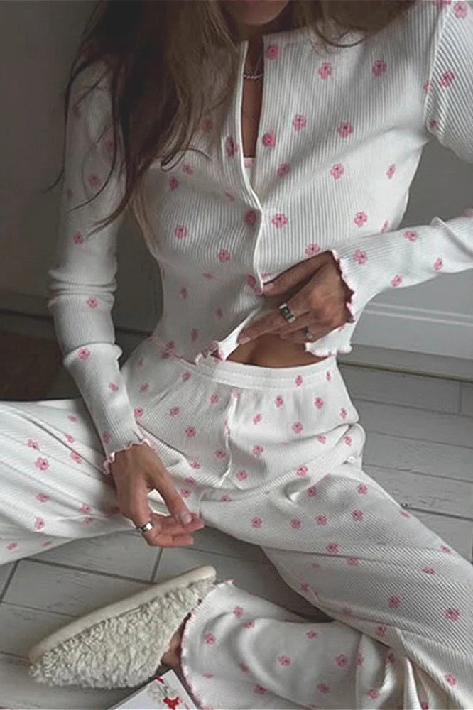 Ruffled Floral Long Sleeve Pants Loungewear Two Piece Set - Image 2