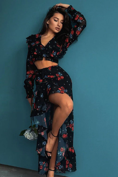 Long Sleeve Cropped Top Ruffled Split Bodycon Skirt Two Piece Set - Image 4