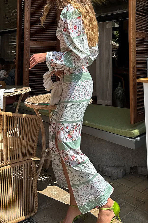 Printed Long Sleeve Crew Neck Cropped Top Split Bodycon Skirt Two Piece Set - Image 3