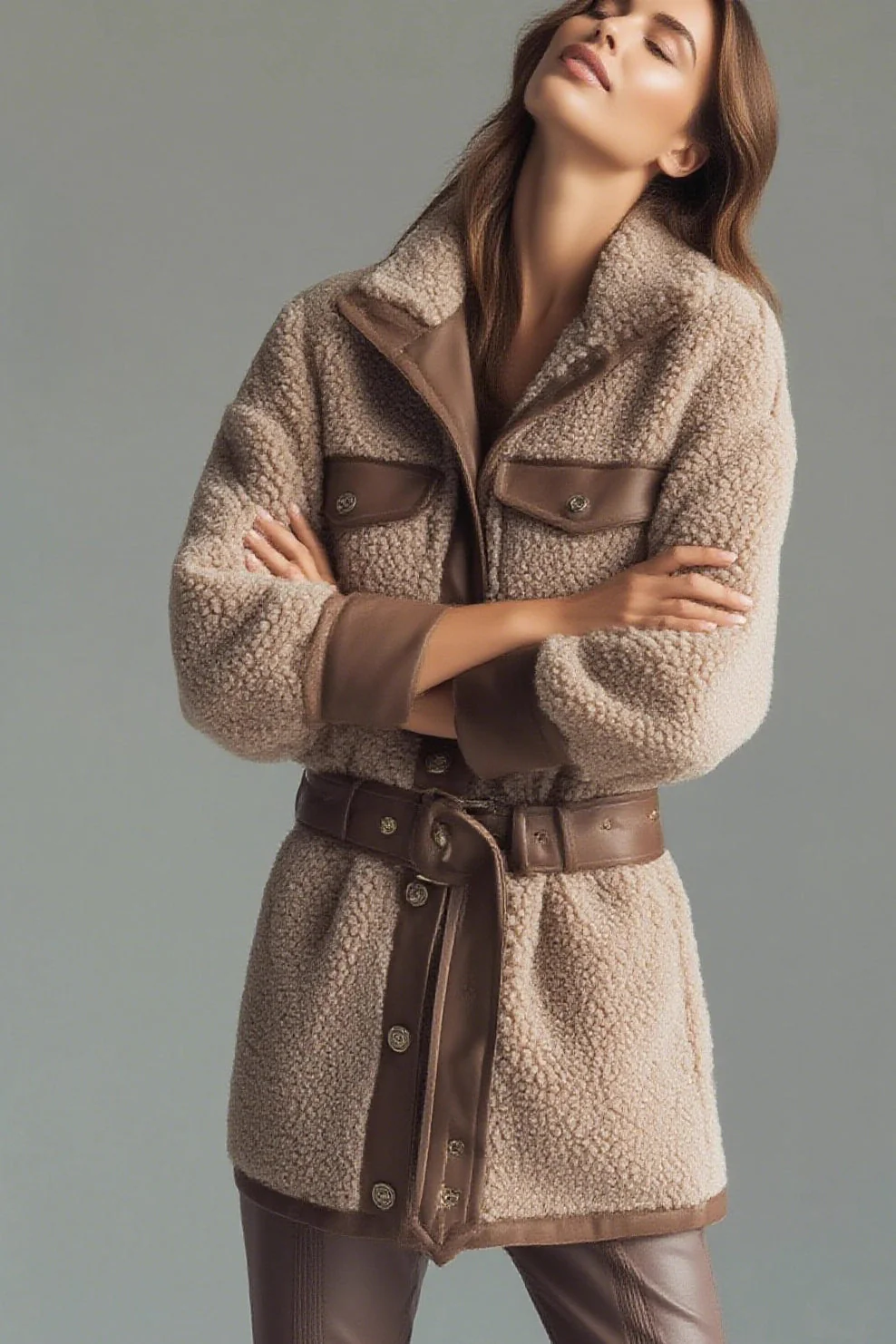Vintage Fleece Paneled Pocket Belted Coat - Image 2