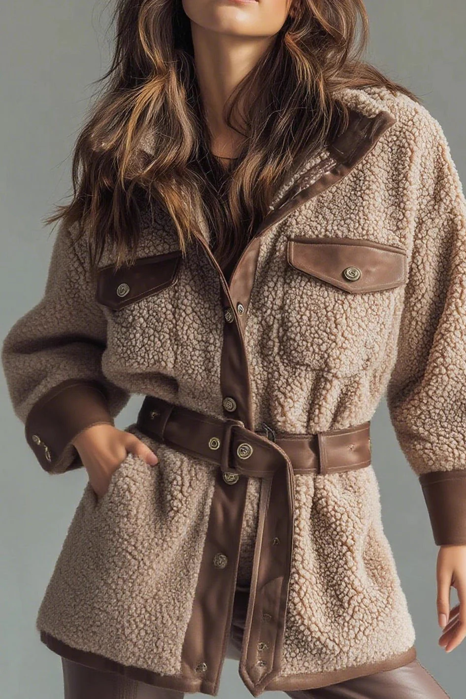 Vintage Fleece Paneled Pocket Belted Coat - Image 3