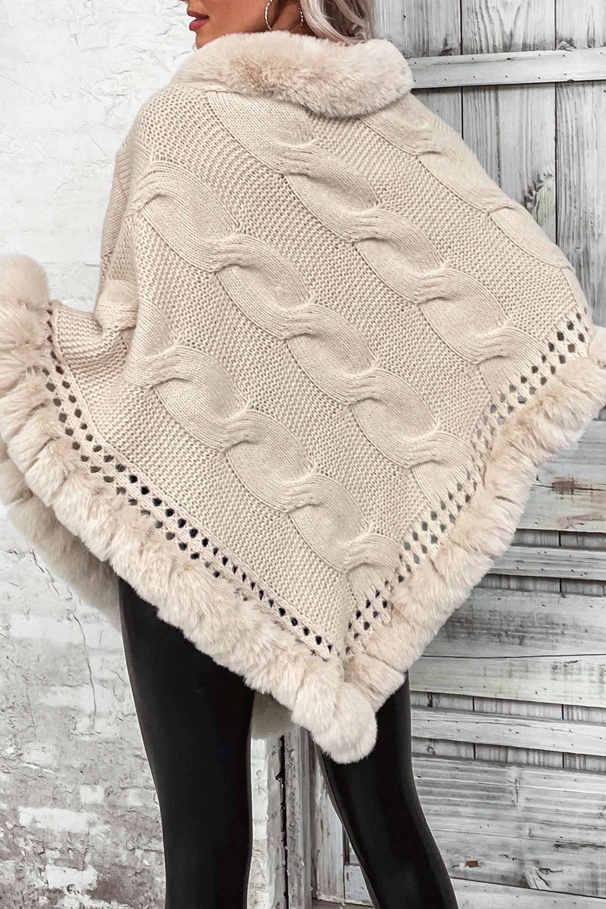 Vintage Cable Knit Fleece-Collar Poncho Coat - Image 2