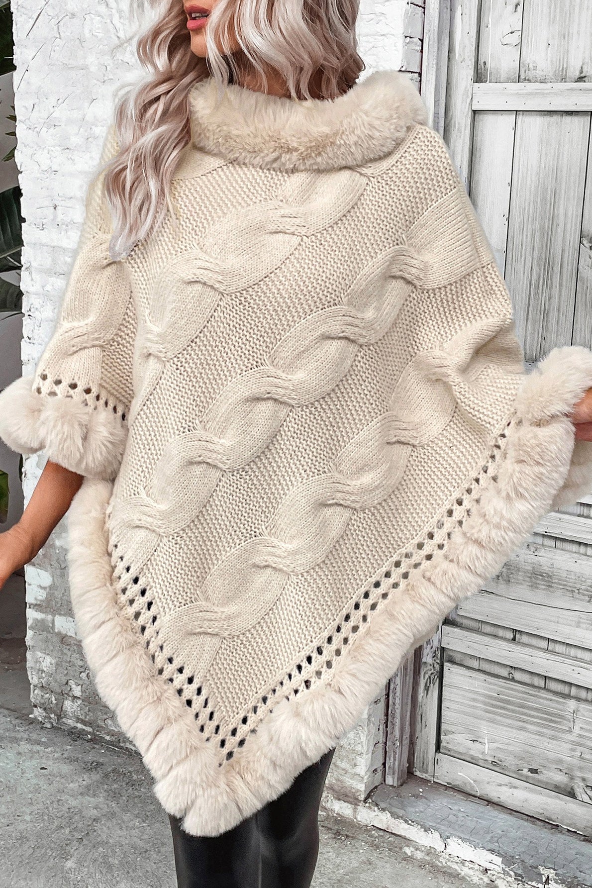 Vintage Cable Knit Fleece-Collar Poncho Coat - Image 3