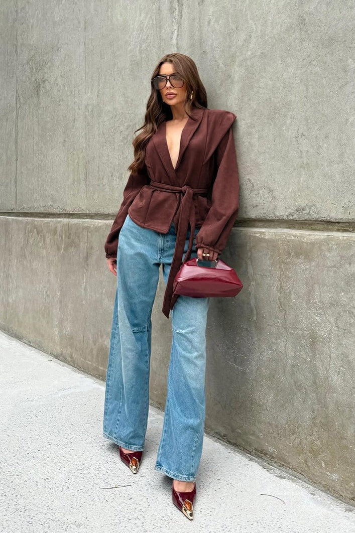 Vintage Wine Red Suede Tie-Waist V-Neck Coat - Image 3