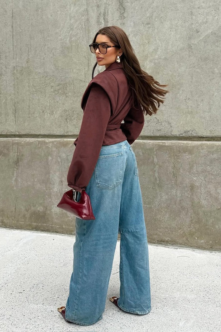 Vintage Wine Red Suede Tie-Waist V-Neck Coat - Image 4