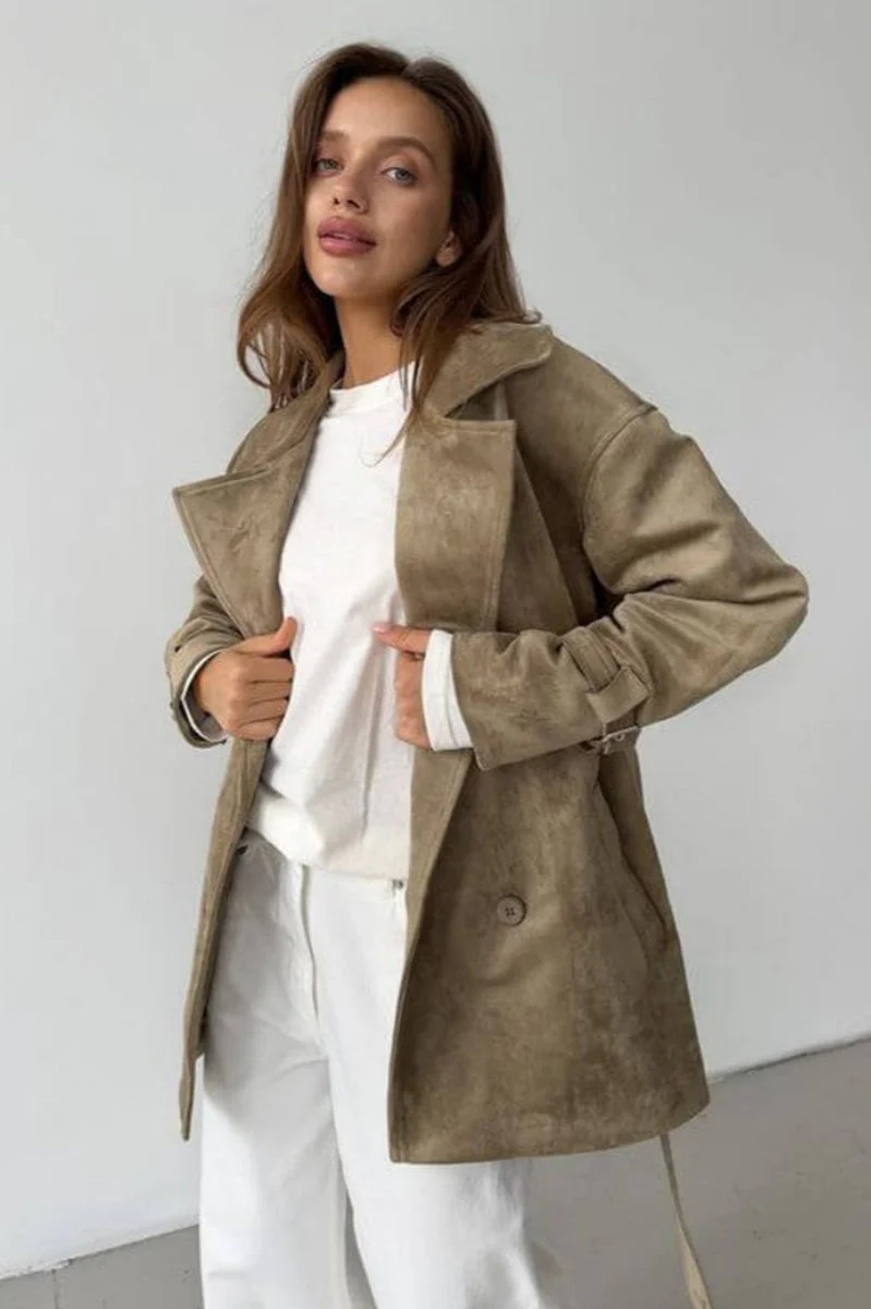 Vintage Suede Lapel Tie Waist Jacket Coat - Image 11