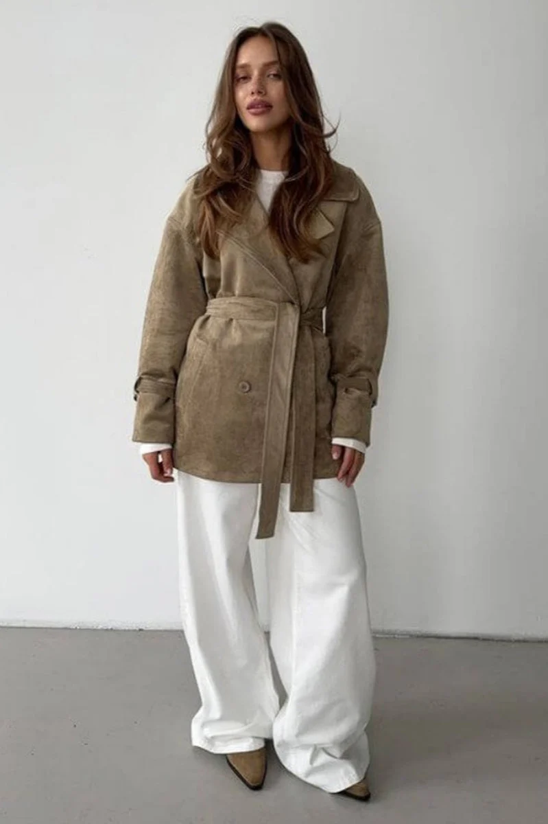 Vintage Suede Lapel Tie Waist Jacket Coat - Image 12
