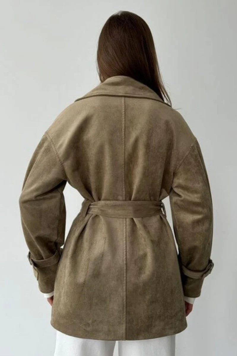 Vintage Suede Lapel Tie Waist Jacket Coat - Image 13