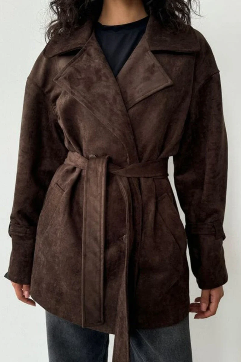 Vintage Suede Lapel Tie Waist Jacket Coat - Image 15