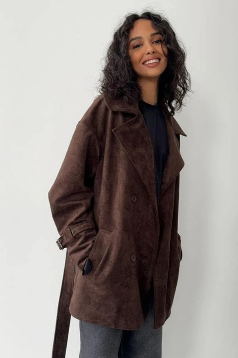 Vintage Suede Lapel Tie Waist Jacket Coat - Image 2