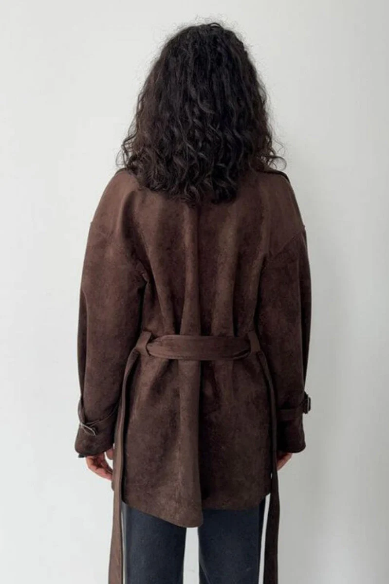 Vintage Suede Lapel Tie Waist Jacket Coat - Image 3