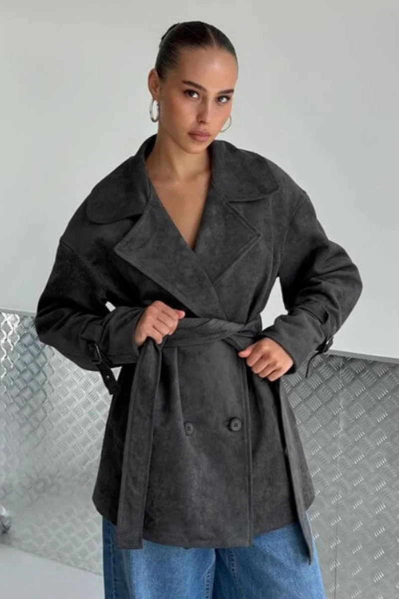 Vintage Suede Lapel Tie Waist Jacket Coat - Image 4