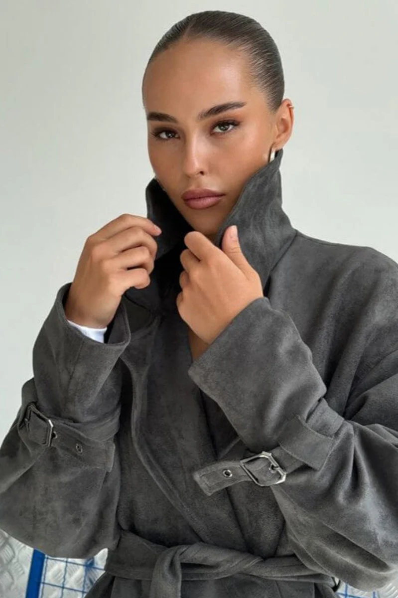 Vintage Suede Lapel Tie Waist Jacket Coat - Image 7
