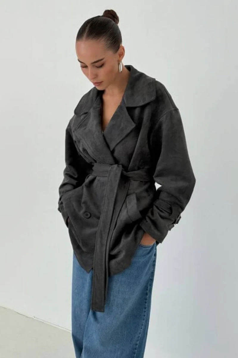 Vintage Suede Lapel Tie Waist Jacket Coat - Image 8