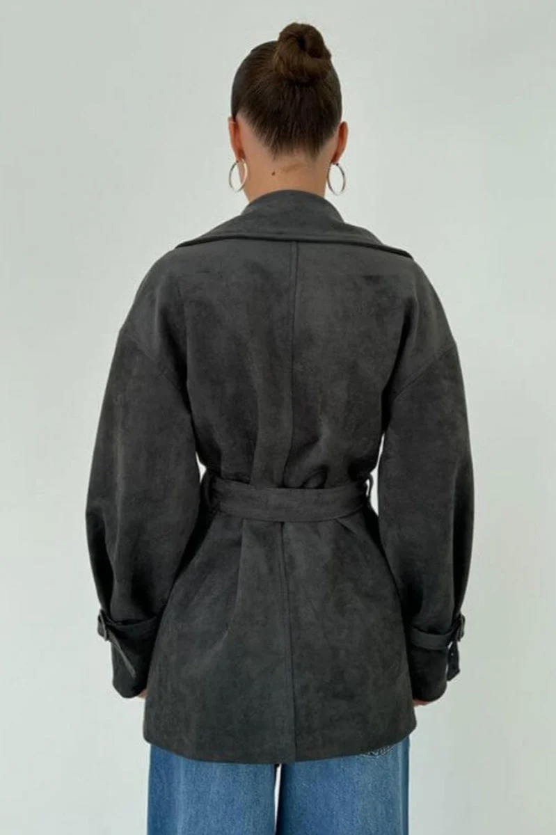 Vintage Suede Lapel Tie Waist Jacket Coat - Image 9