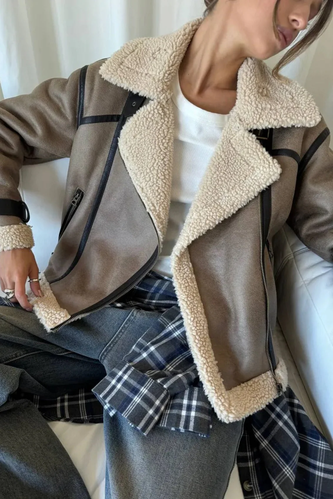 Vintage Patchwork Faux Suede Lapel Long Coat - Image 3