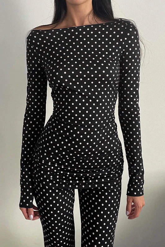 Polka Dot Vintage Off-Shoulder Long Sleeve Flare Two Piece Set - Image 3