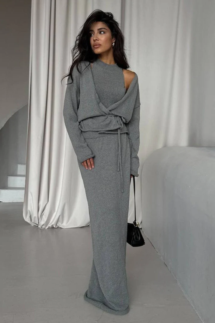 Chic Knit Vest & Bodycon Skirt with Belt Three Piece Set - Image 2