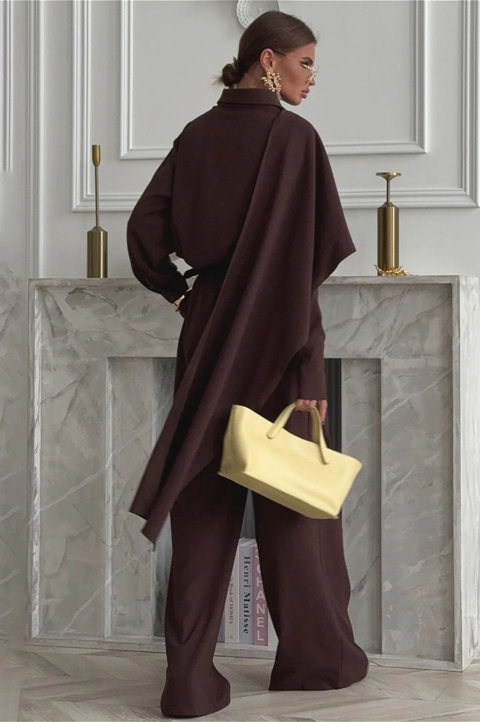 Vintage Chic Lapel Scarf Top & Wide Leg Pants Two Piece Set - Image 2