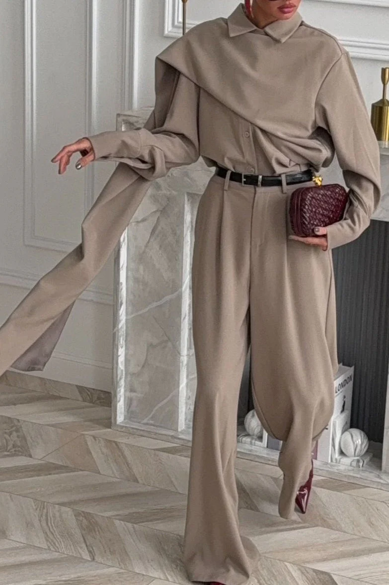 Vintage Chic Lapel Scarf Top & Wide Leg Pants Two Piece Set - Image 4
