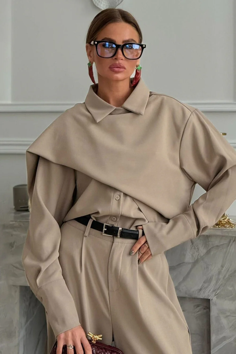 Vintage Chic Lapel Scarf Top & Wide Leg Pants Two Piece Set - Image 5