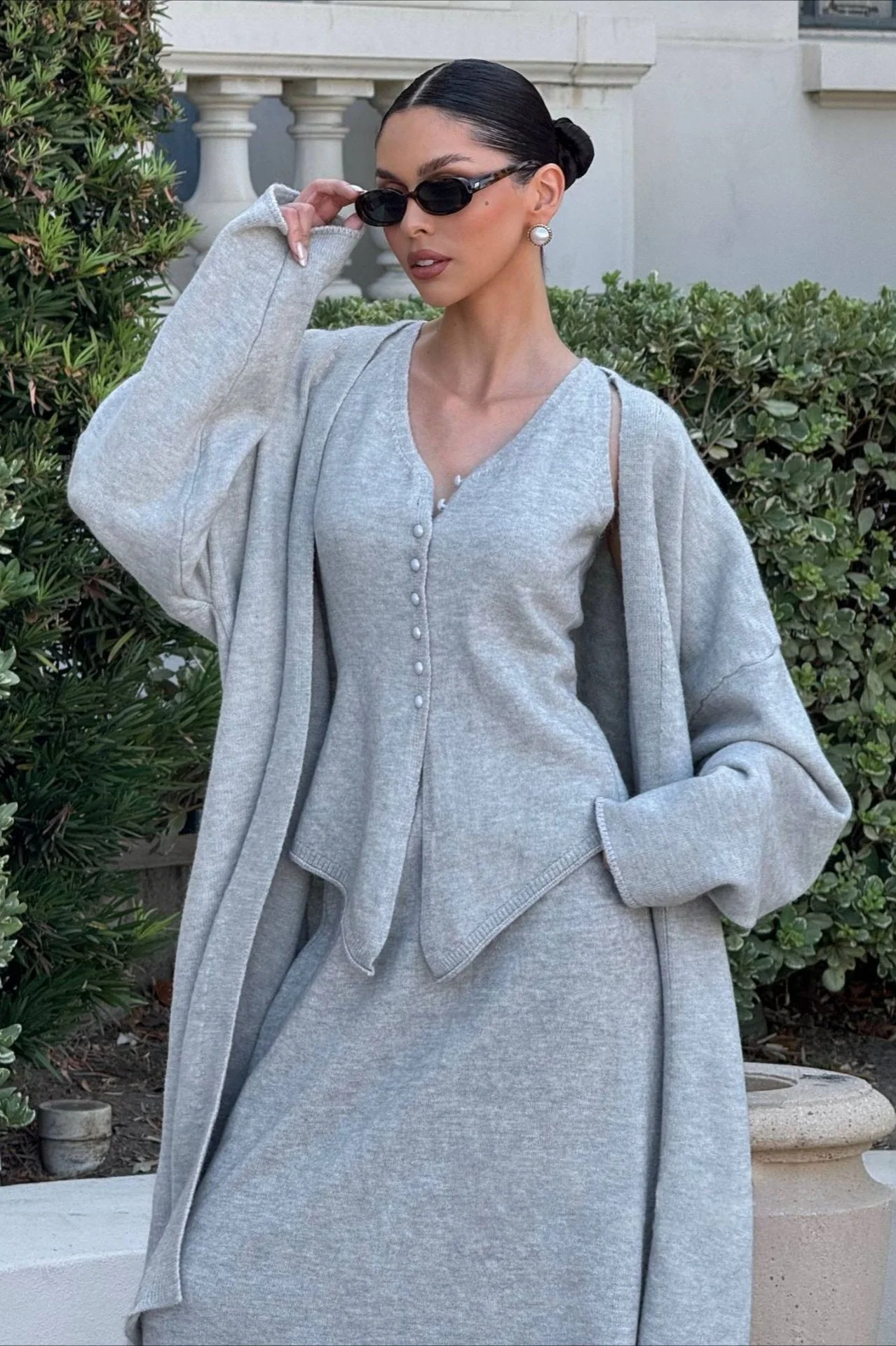 Vintage Gray Knit Jacket Vest & Maxi Skirt Three Piece Set - Image 2