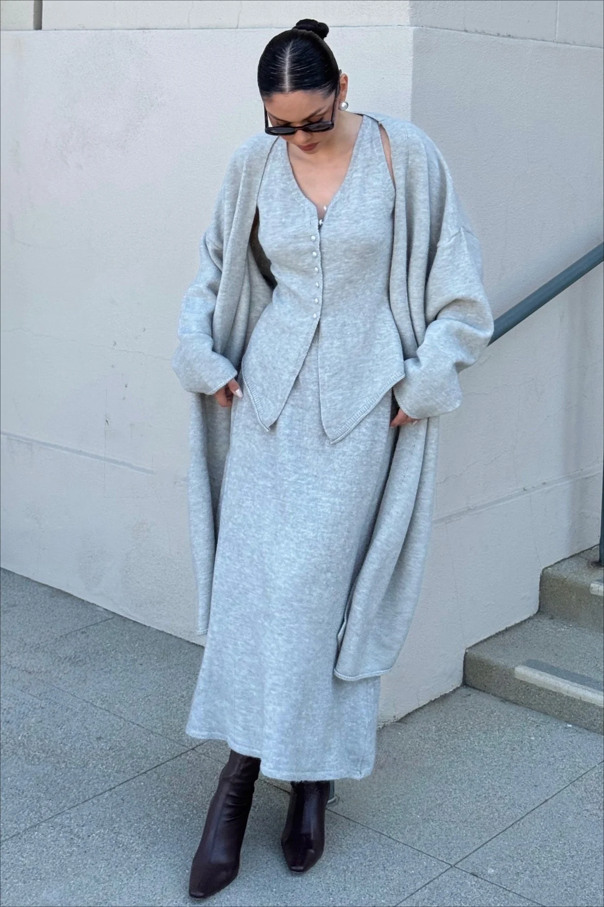 Vintage Gray Knit Jacket Vest & Maxi Skirt Three Piece Set - Image 4