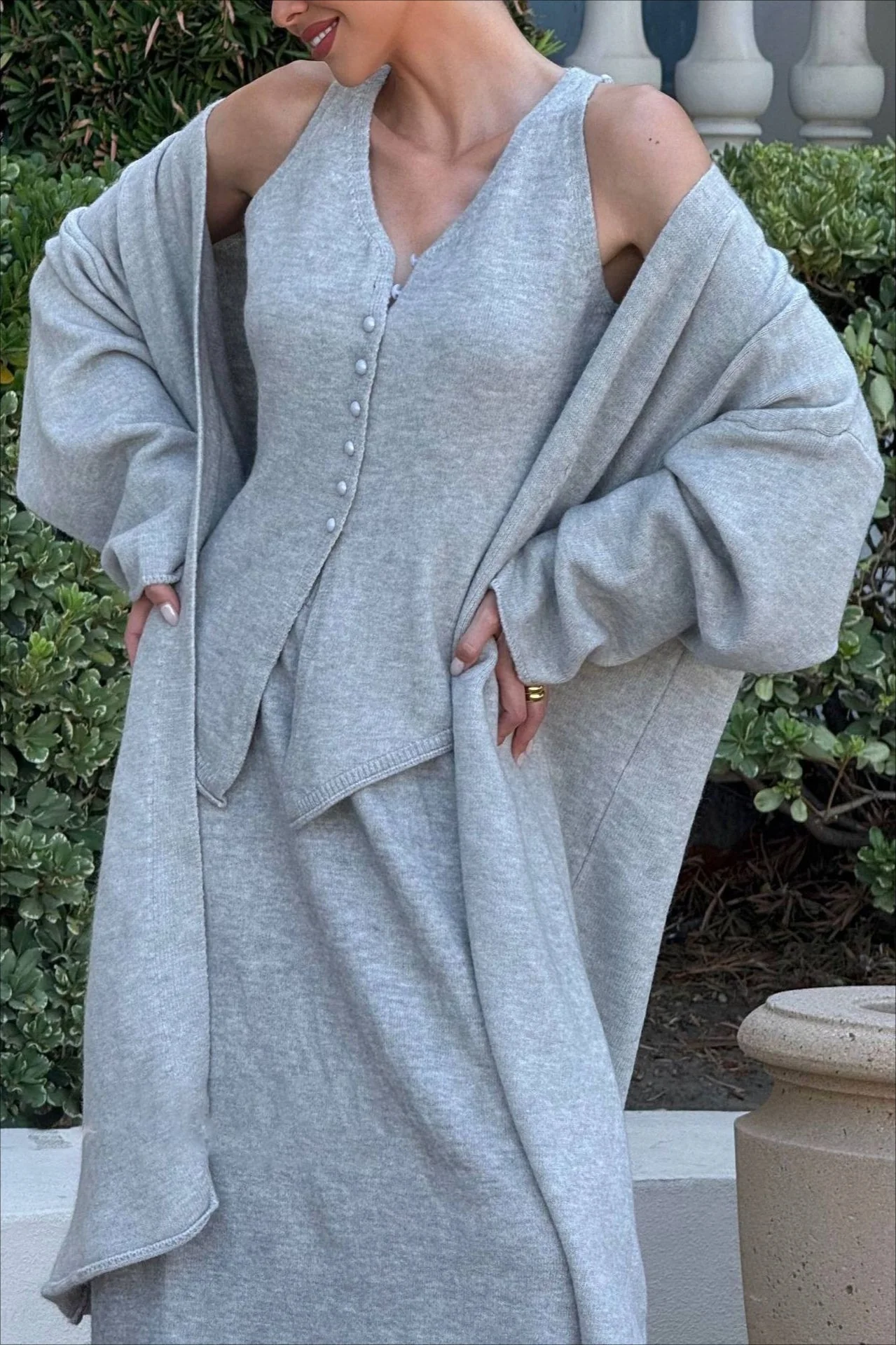 Vintage Gray Knit Jacket Vest & Maxi Skirt Three Piece Set - Image 6