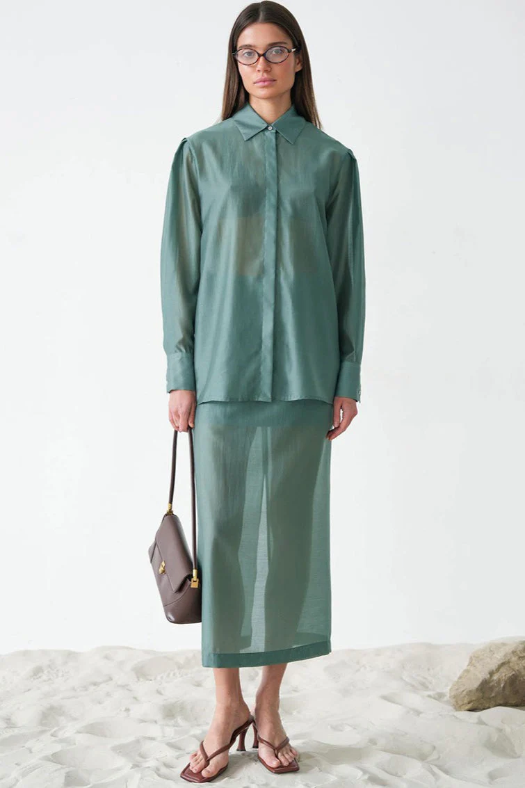 Vintage Collared Tencel Shirt Dress Two Piece Set - Image 4