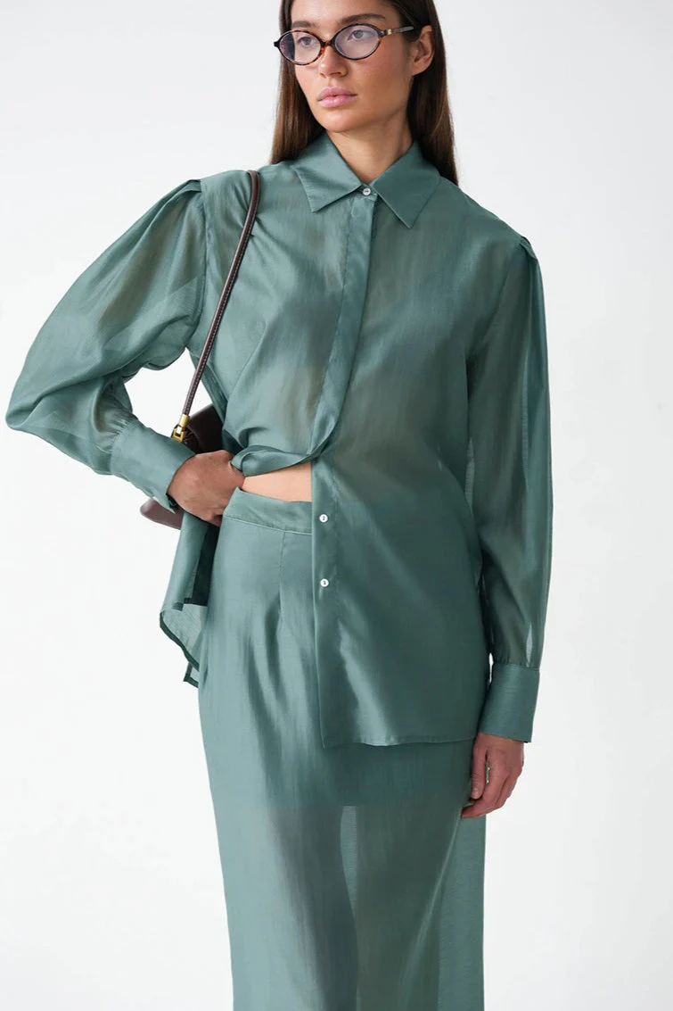 Vintage Collared Tencel Shirt Dress Two Piece Set - Image 5