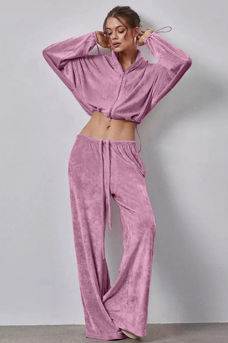 Vintage Drawstring Crop Top and Wide Leg Pants Two Piece Set - Image 5