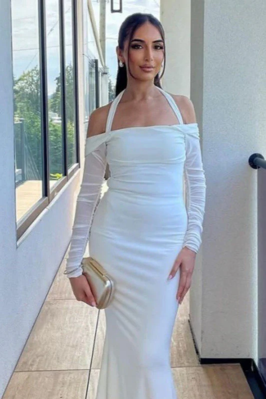 Halter Neck Off-Shoulder Ruched Long Sleeve Maxi Dress - Image 2