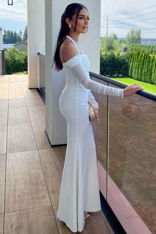 Halter Neck Off-Shoulder Ruched Long Sleeve Maxi Dress - Image 3
