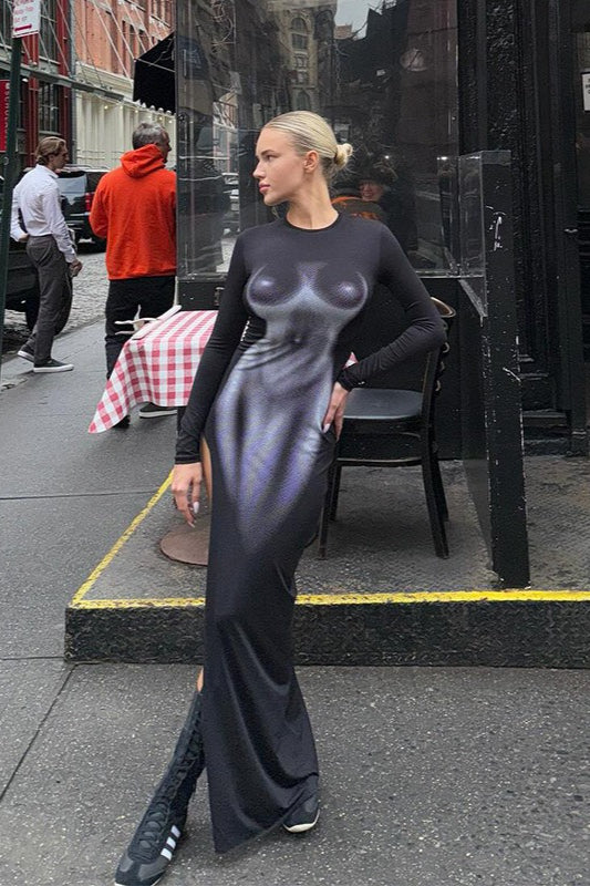 3D Print Bodycon Long Sleeve Maxi Dress - Image 2