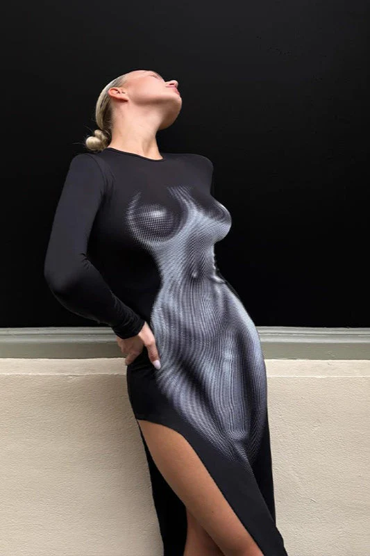 3D Print Bodycon Long Sleeve Maxi Dress - Image 3
