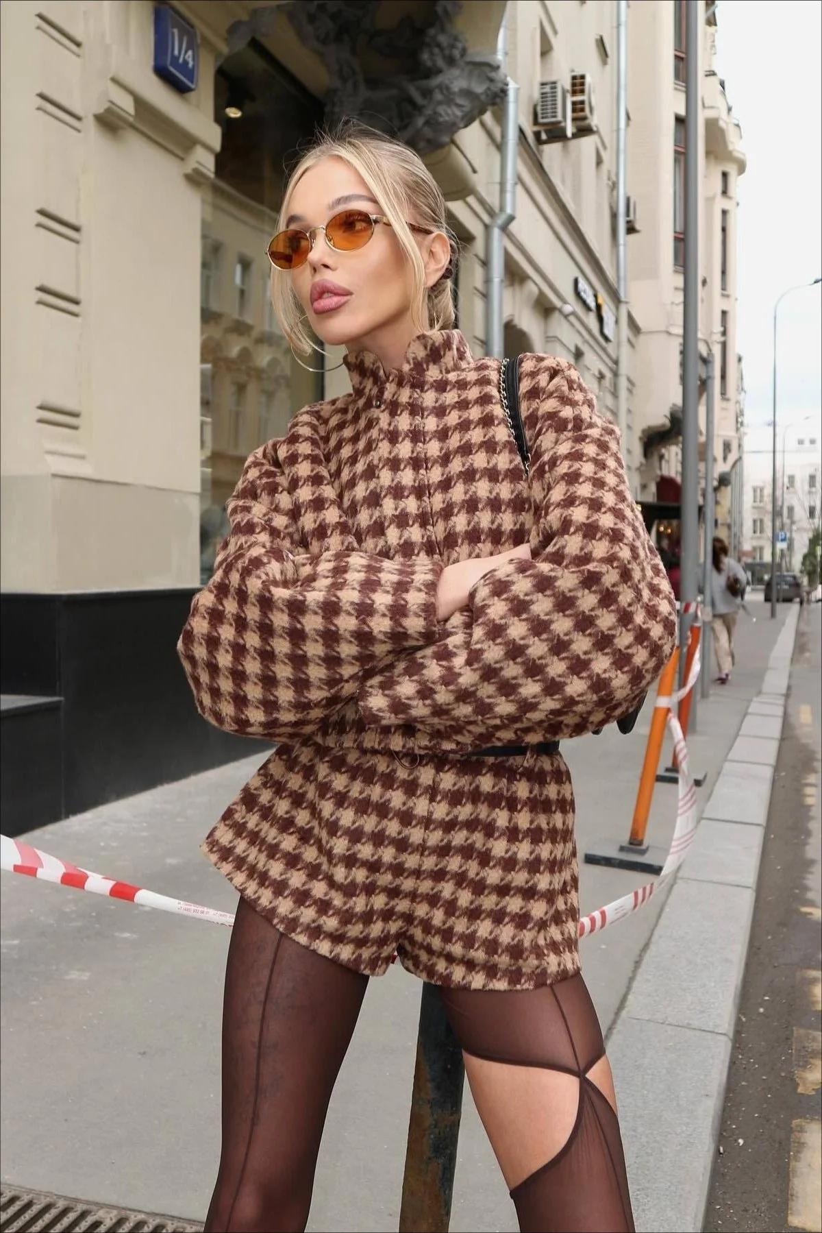 Vintage Houndstooth Zip Jacket and Shorts Two Piece Set - Image 2