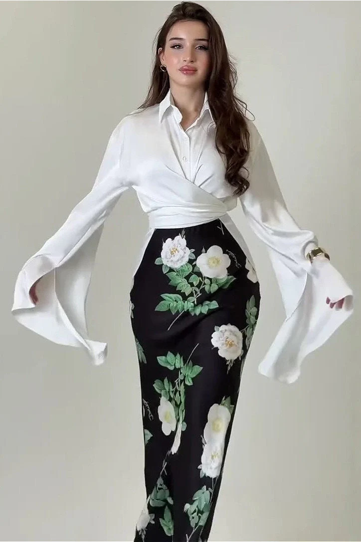 Vintage Satin Blouse with Fitted Skirt Two Piece Set - Image 9