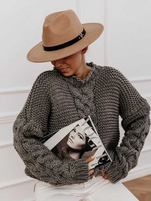 Casual Solid Color V-neck Cable Knit Sweater - Image 2