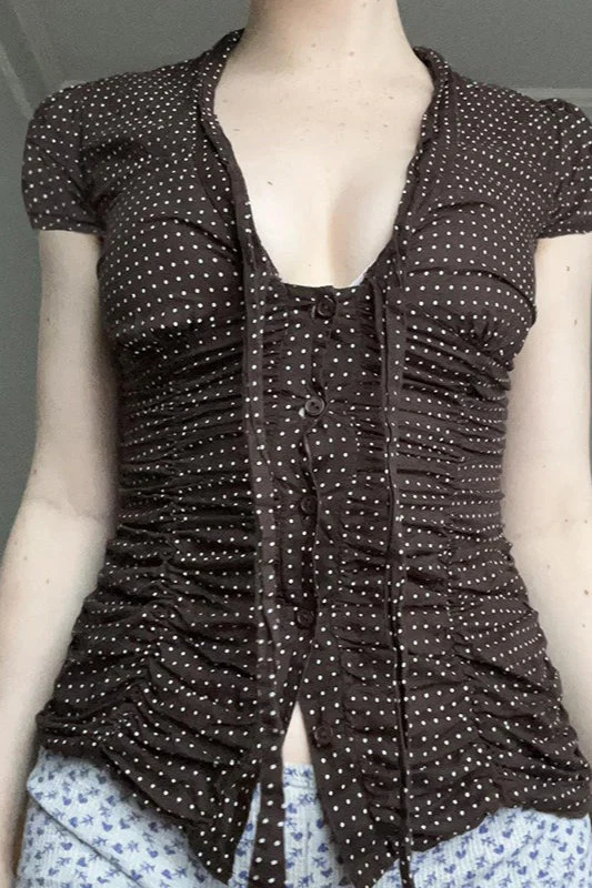 Button Tie Waist Dot Print Blouse - Image 2