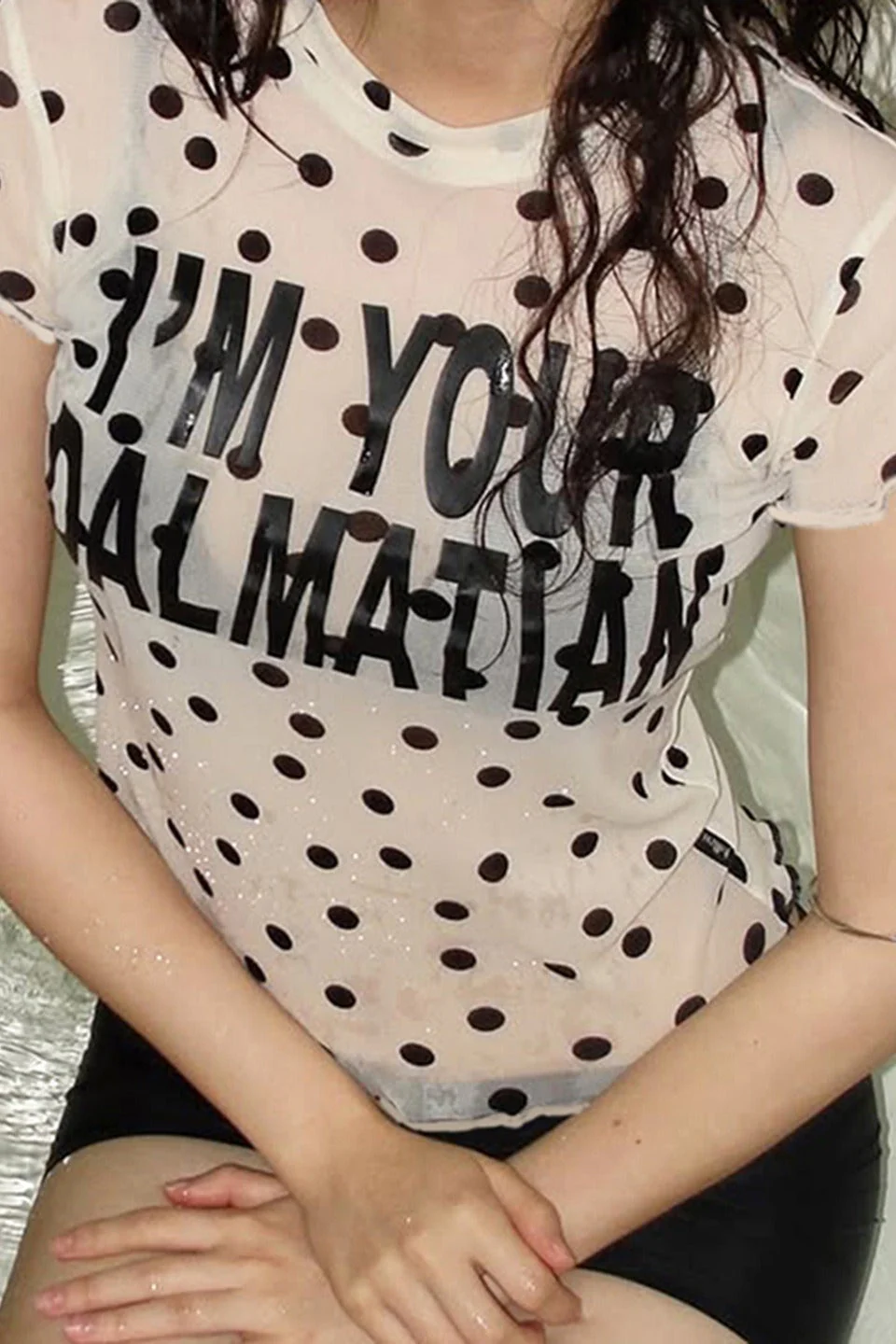 Mesh Polka Dot Letter Print Blouse - Image 2