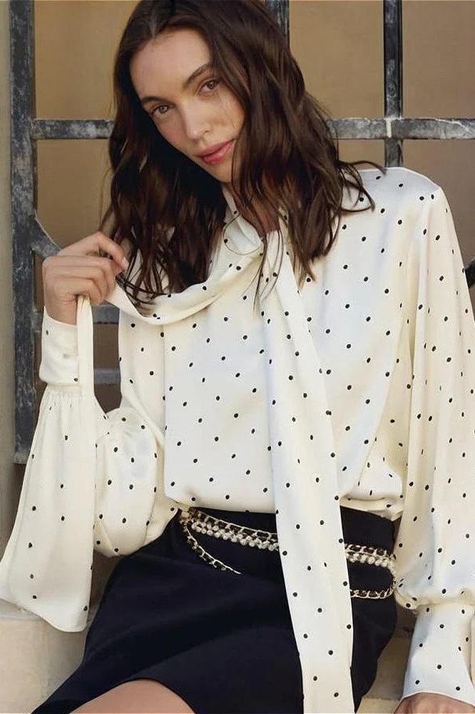 Polka Dot Tie Waist Slim Blouse - Image 2