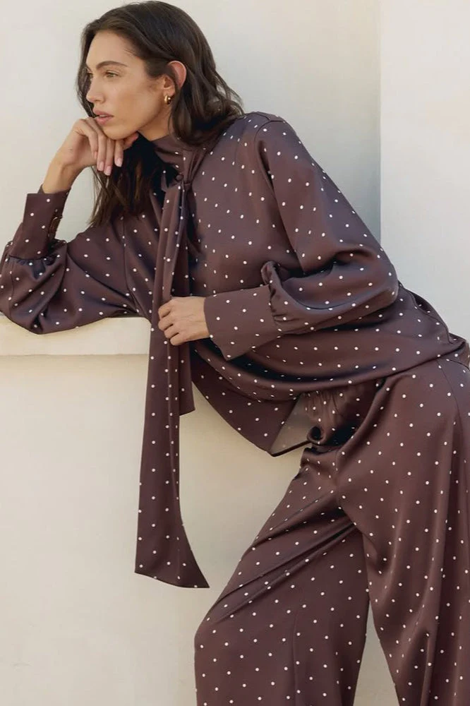 Polka Dot Tie Waist Slim Blouse - Image 3