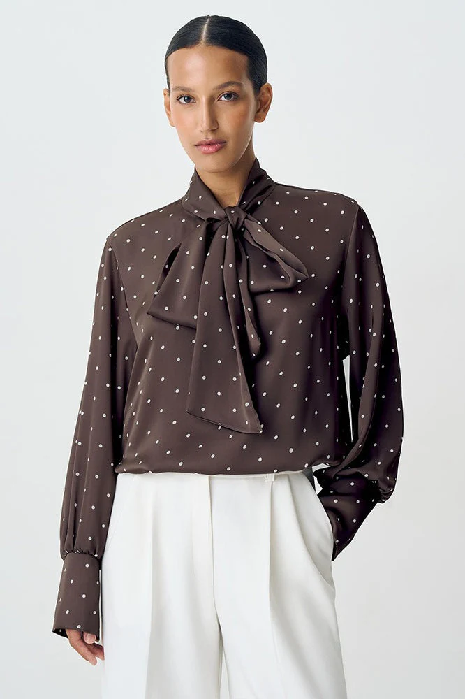 Polka Dot Tie Waist Slim Blouse - Image 4
