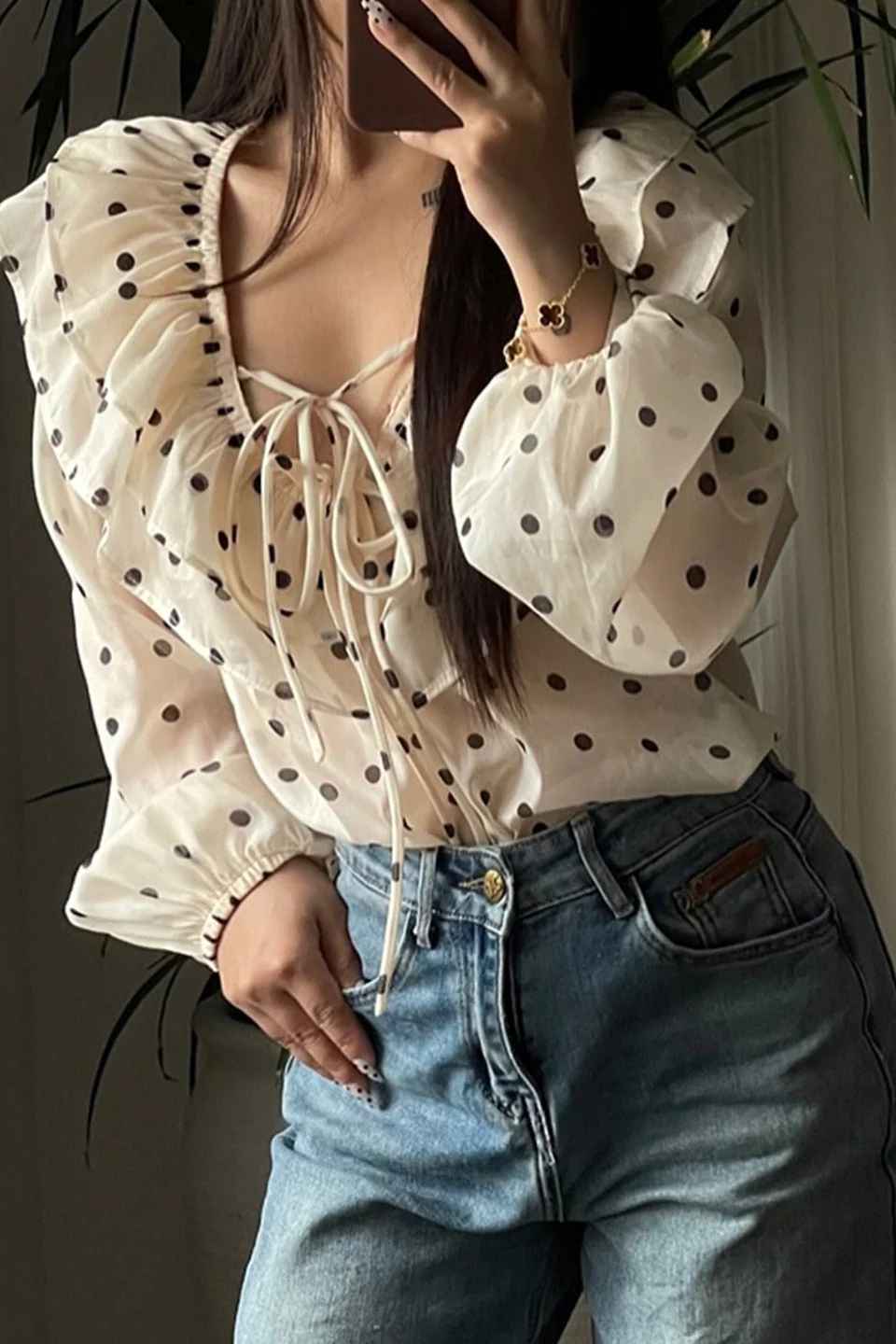 Chiffon Bow Tie Dot Print Blouse - Image 2