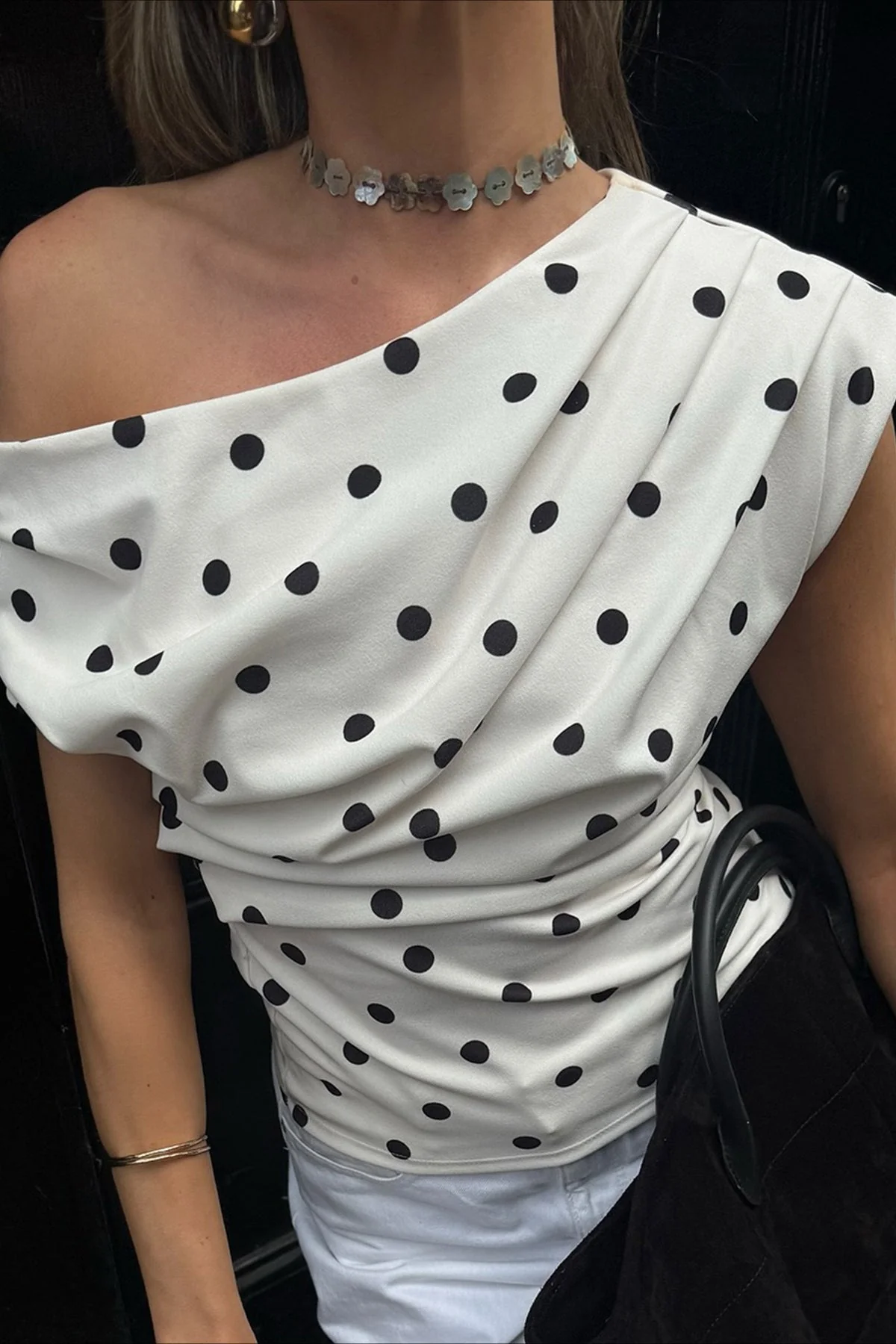 Retro Polka Dot One Shoulder Blouse - Image 2