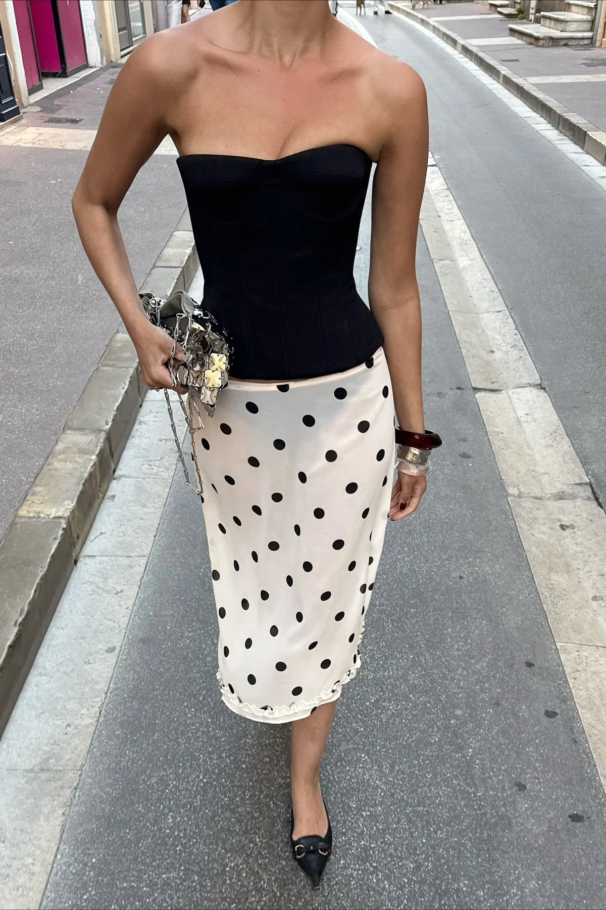 Draped Polka Dot High Waist Skirt - Image 2
