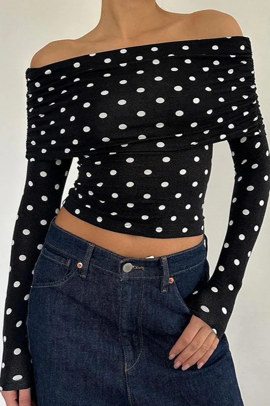 Polka Dot Color Block Off-Shoulder Crop Top - Image 2