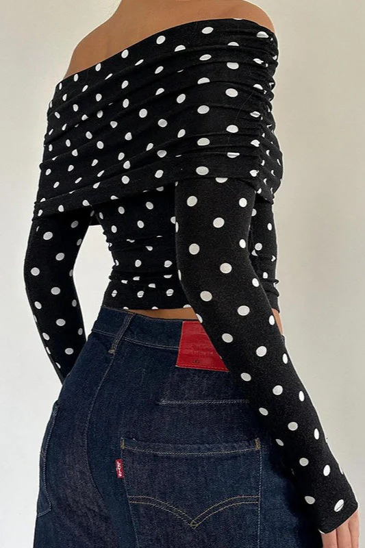 Polka Dot Color Block Off-Shoulder Crop Top - Image 3