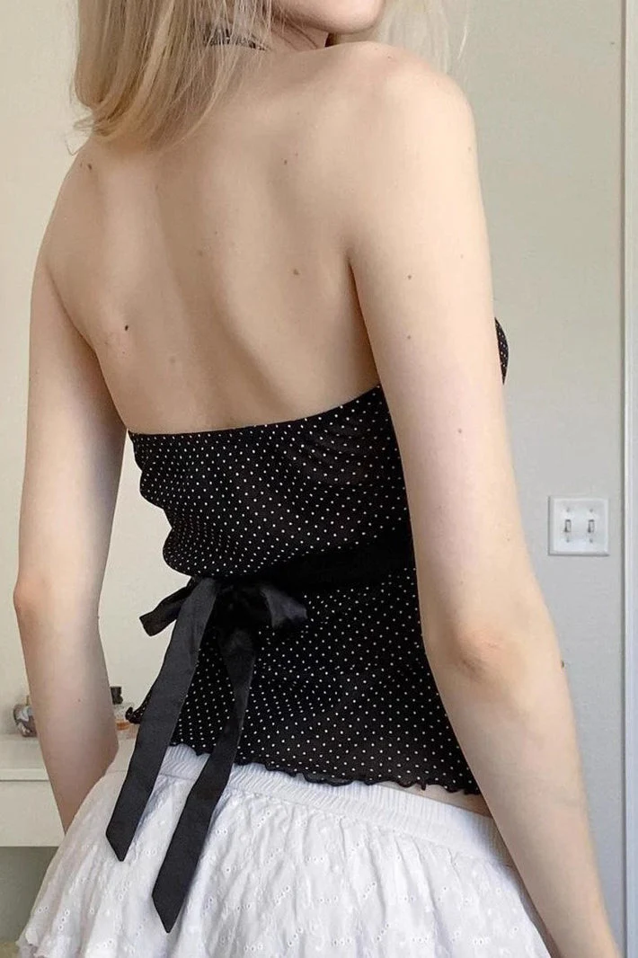 Polka Dot Satin Bow Tie Backless Halter Crop Top - Image 3