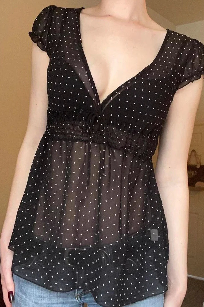 Polka Dot Sheer V-Neck Slim Fit Crop Top - Image 2